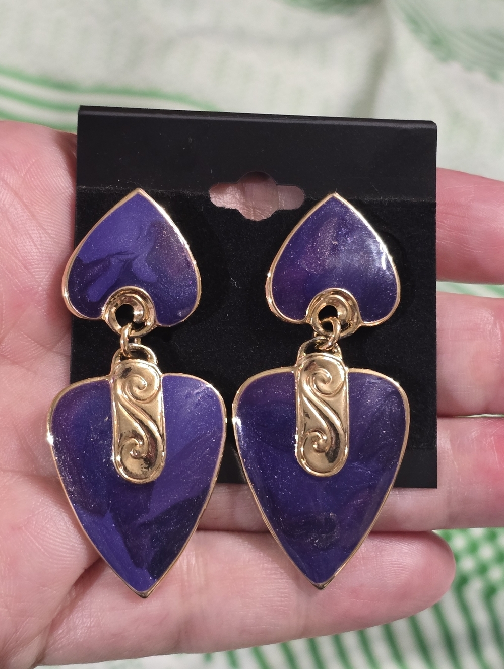 Vintage 80s Edgar Berebi Gold-Tone Marbled Purple Enamel Drop Post Earrings